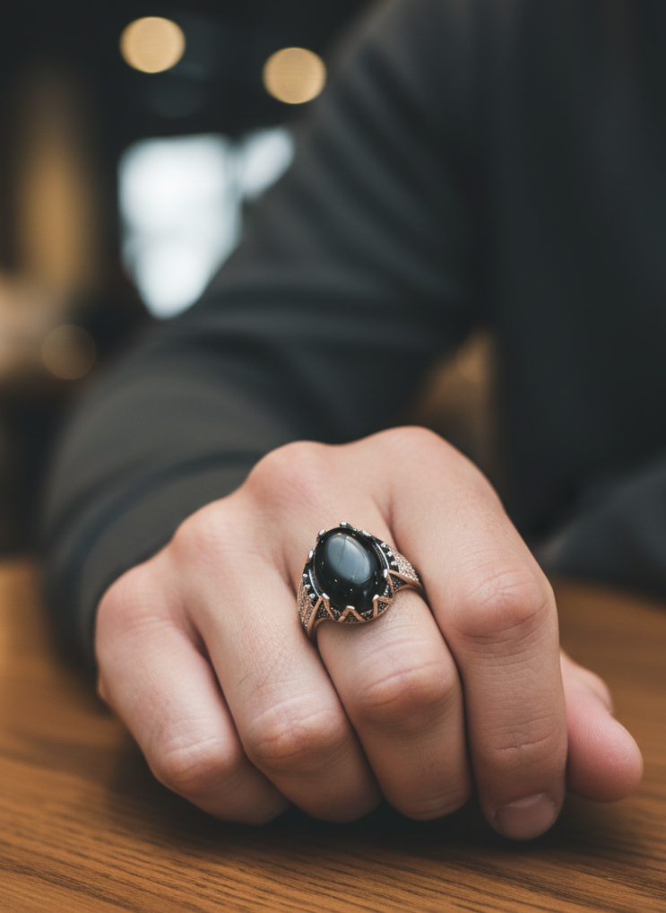 Hand wearing a ring with a dark stone on a wooden surface