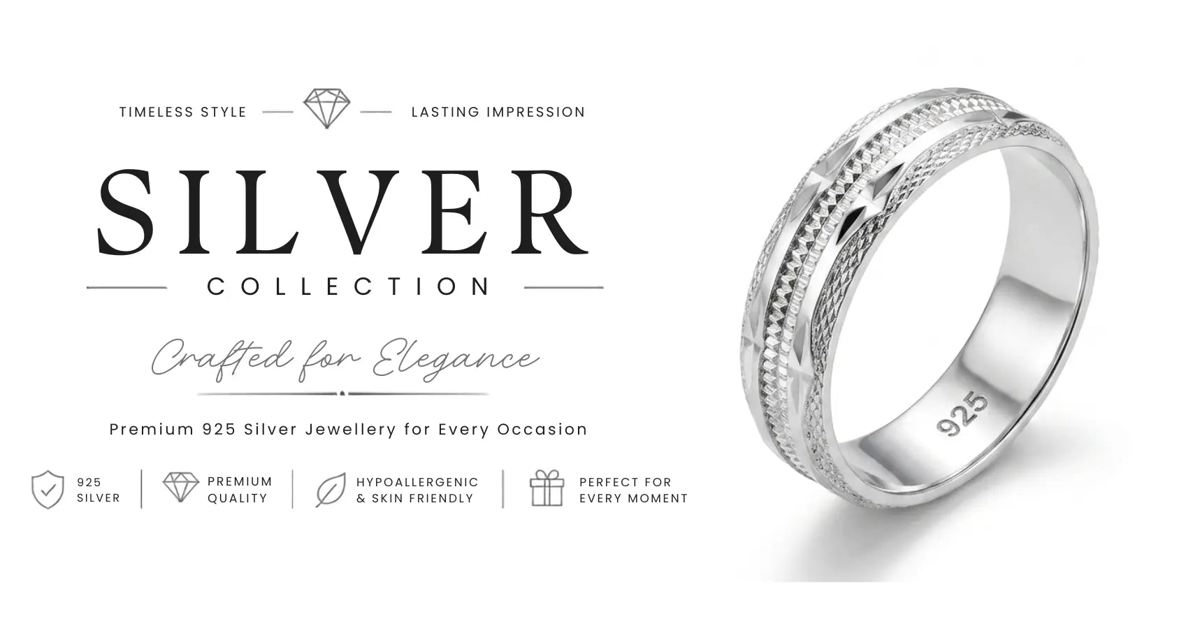 Silver ring with 'SILVER COLLECTION' branding on a white background