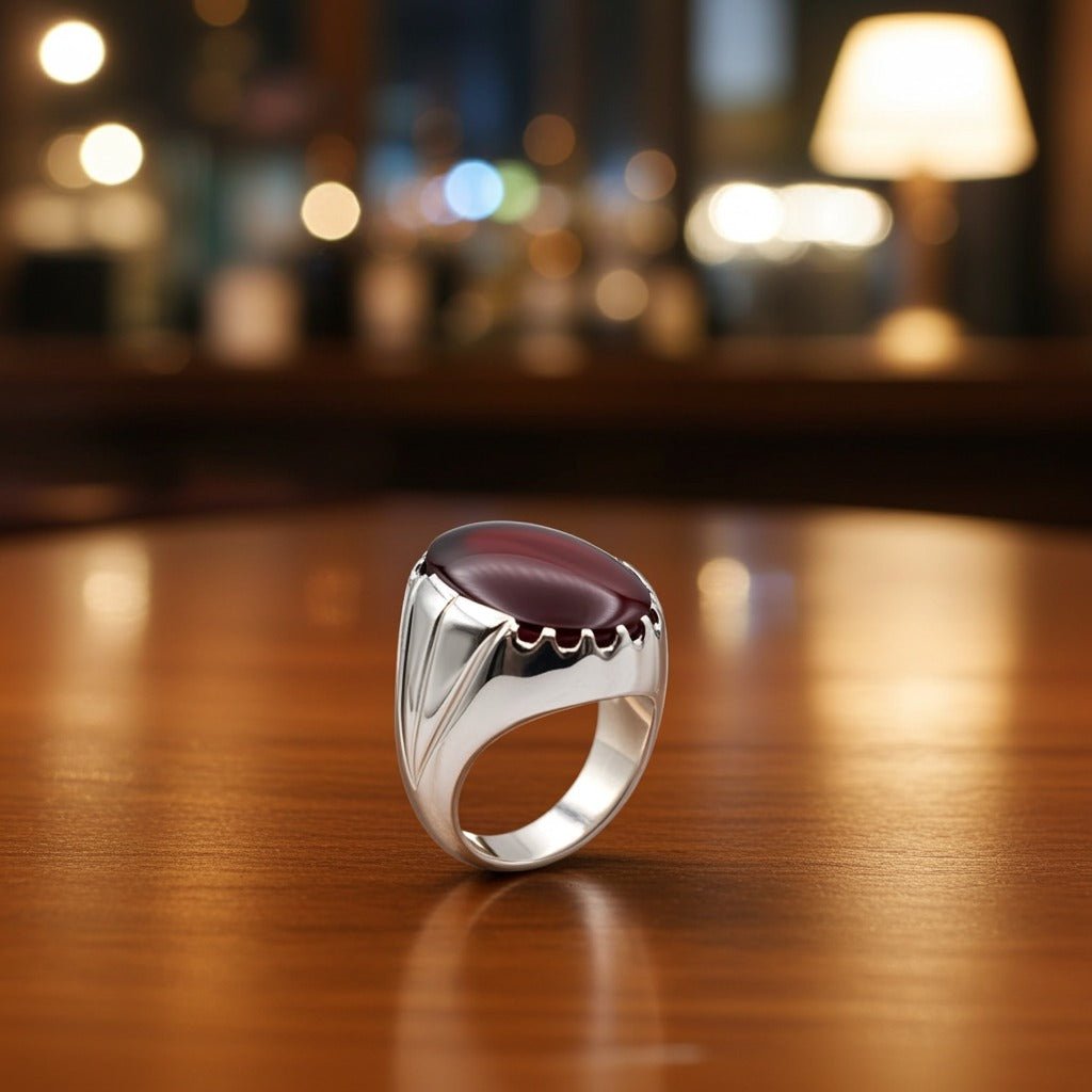 A Classic Ring Yemeni Aqeeq - Natural Stone in Silver - IHSJ.pk