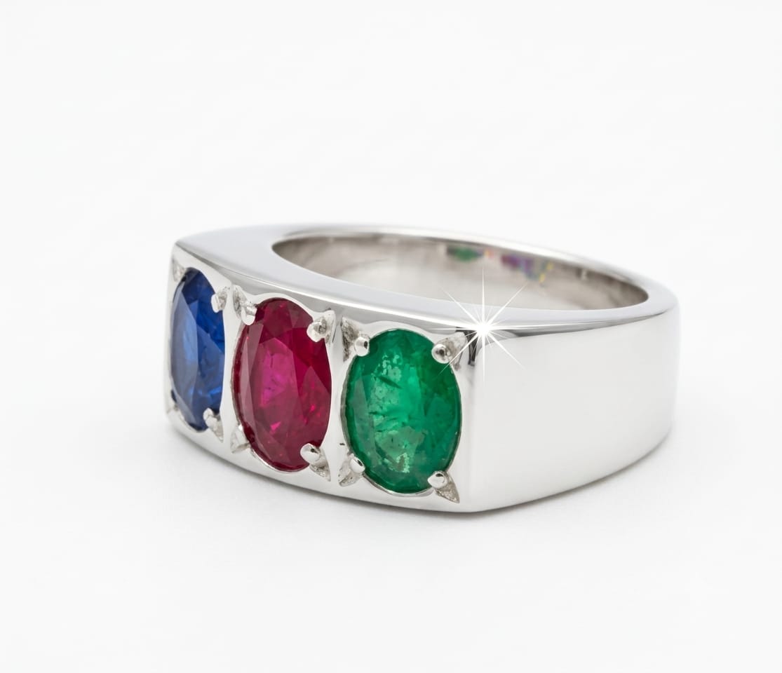 African Ruby, Emerald & Sapphire Three Stone Ring in 925 Sterling Silver - IHSJ.pk