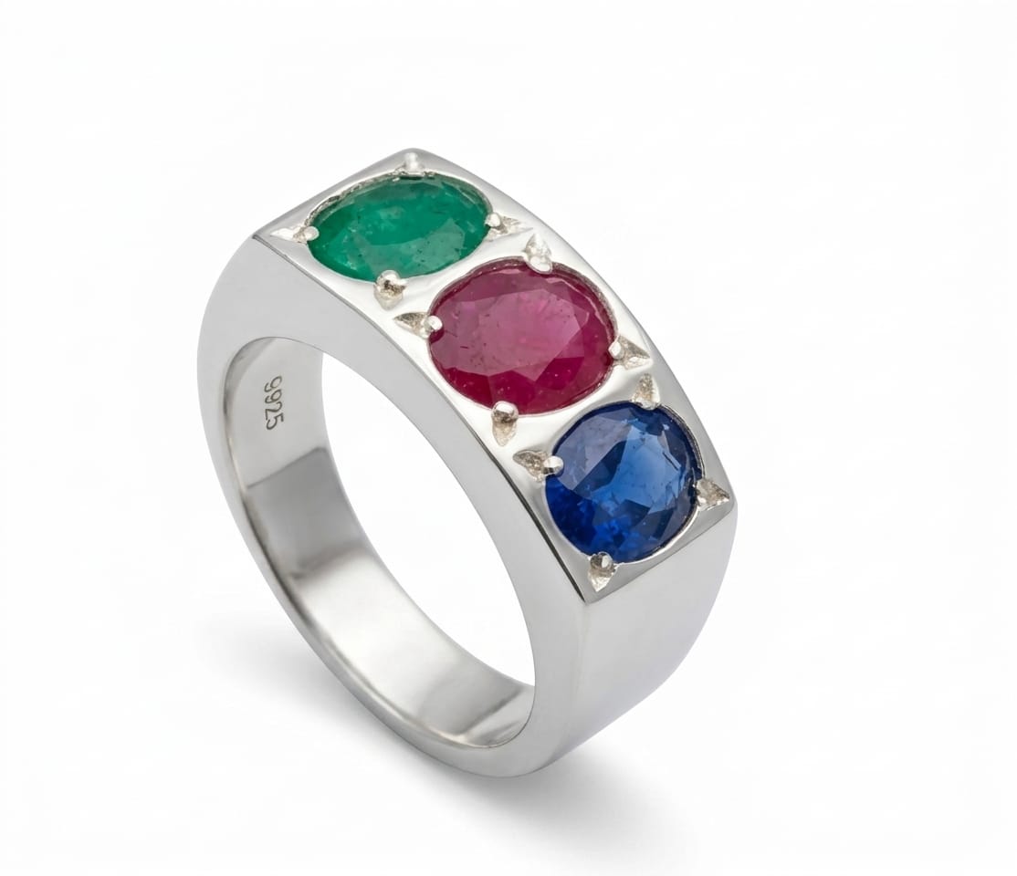 African Ruby, Emerald & Sapphire Three Stone Ring in 925 Sterling Silver - IHSJ.pk