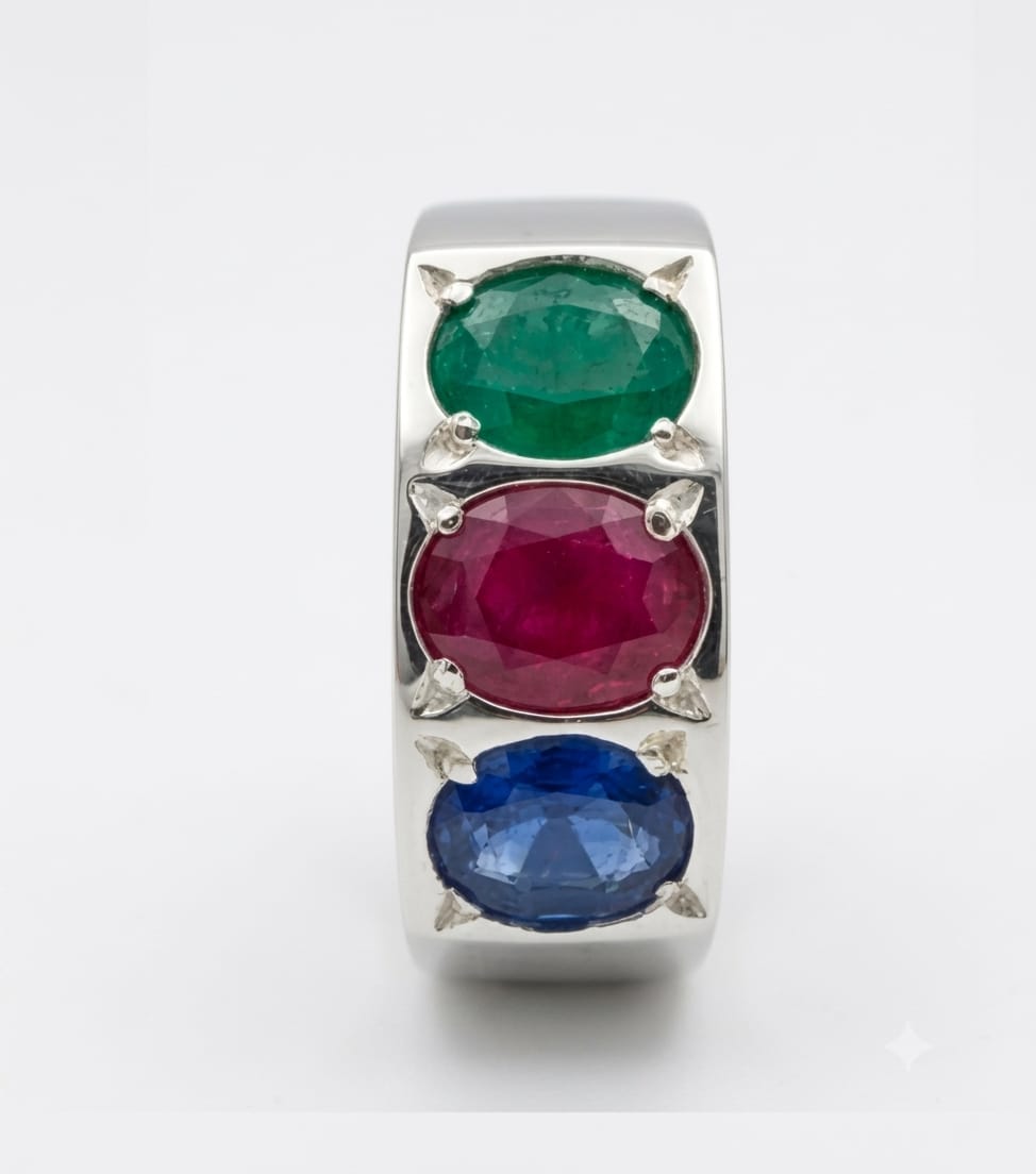 African Ruby, Emerald & Sapphire Three Stone Ring in 925 Sterling Silver - IHSJ.pk