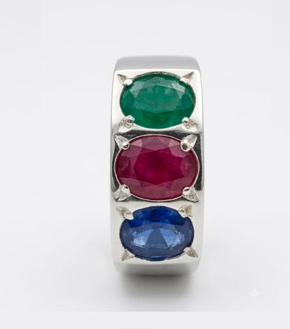 African Ruby, Emerald & Sapphire Three Stone Ring in 925 Sterling Silver - IHSJ.pk