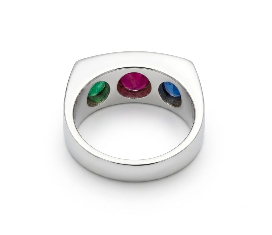 African Ruby, Emerald & Sapphire Three Stone Ring in 925 Sterling Silver - IHSJ.pk