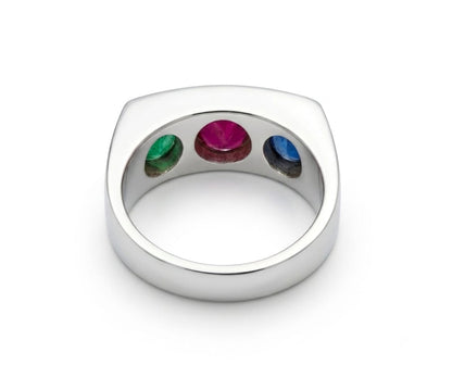African Ruby, Emerald & Sapphire Three Stone Ring in 925 Sterling Silver - IHSJ.pk