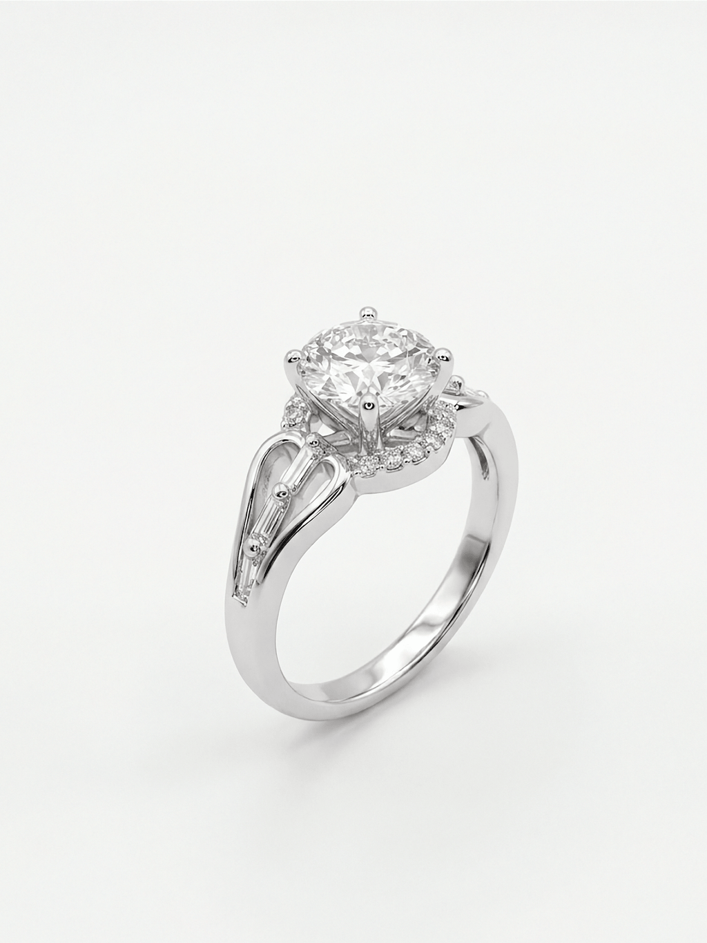 Art Deco Round Diamond Halo Wedding Silver Ring with Baguette Accent Split Shank - IHSJ.pk
