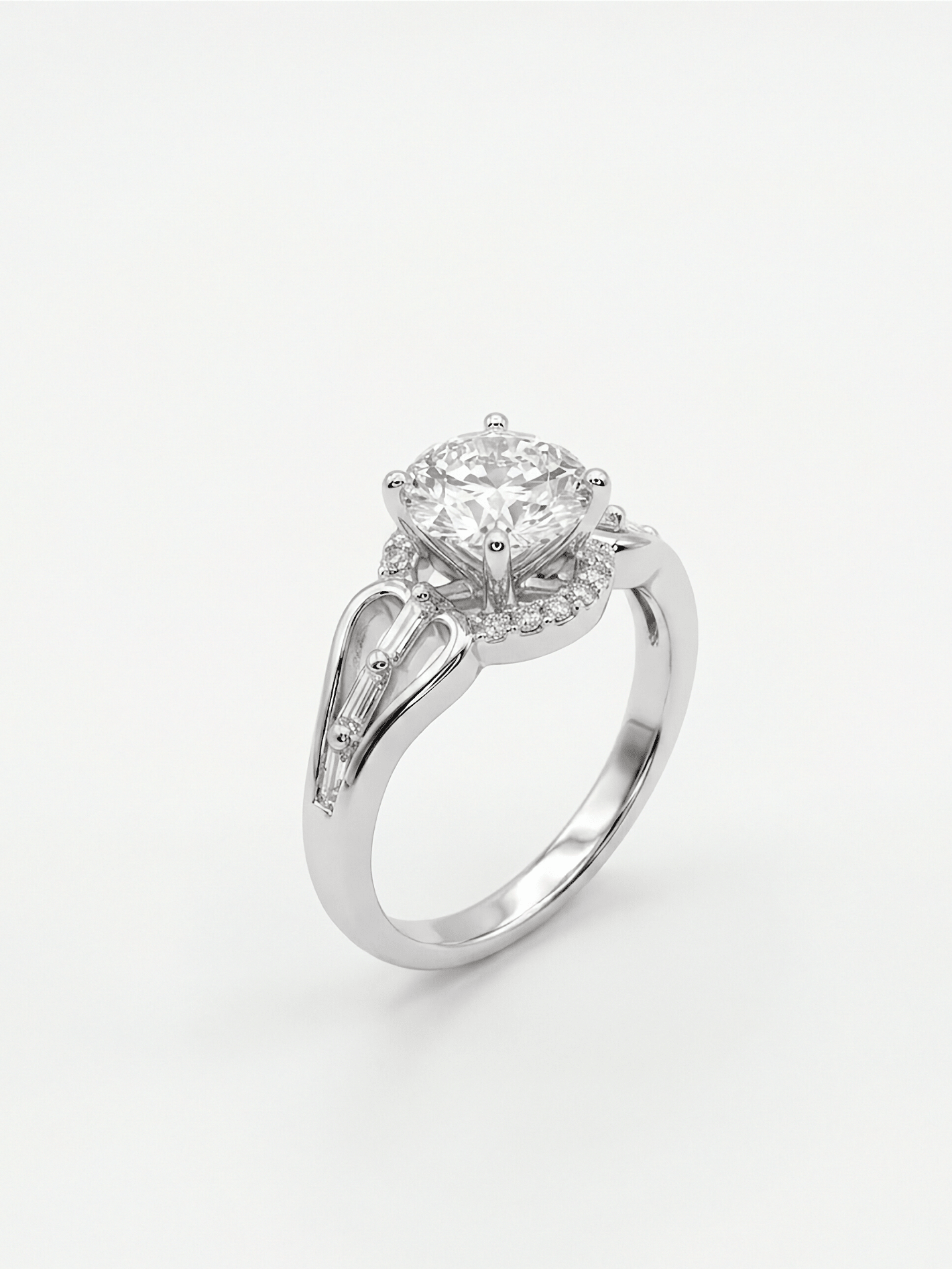 Art Deco Round Diamond Halo Wedding Silver Ring with Baguette Accent Split Shank - IHSJ.pk
