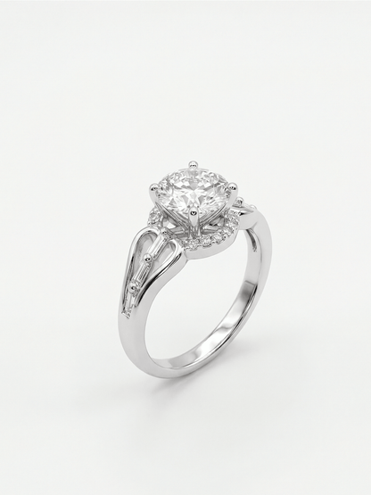 Art Deco Round Diamond Halo Wedding Silver Ring with Baguette Accent Split Shank - IHSJ.pk