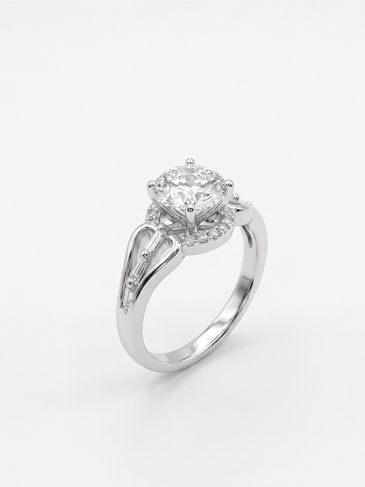 Art Deco Round Diamond Halo Wedding Silver Ring with Baguette Accent Split Shank - IHSJ.pk