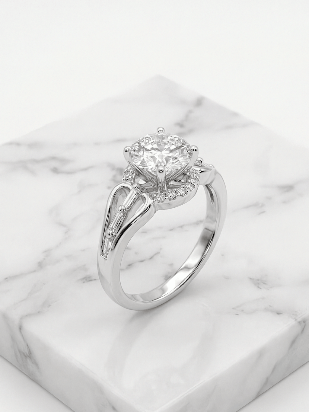 Art Deco Round Diamond Halo Wedding Silver Ring with Baguette Accent Split Shank - IHSJ.pk