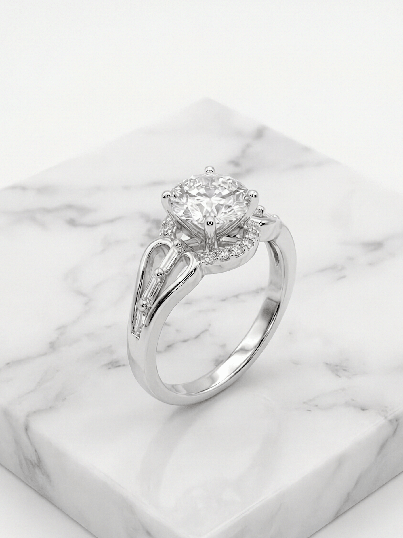 Art Deco Round Diamond Halo Wedding Silver Ring with Baguette Accent Split Shank - IHSJ.pk