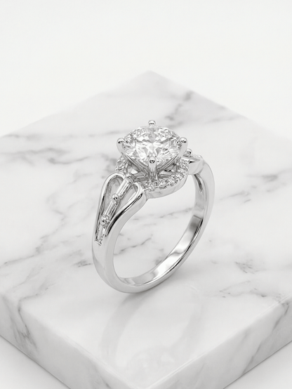 Art Deco Round Diamond Halo Wedding Silver Ring with Baguette Accent Split Shank - IHSJ.pk