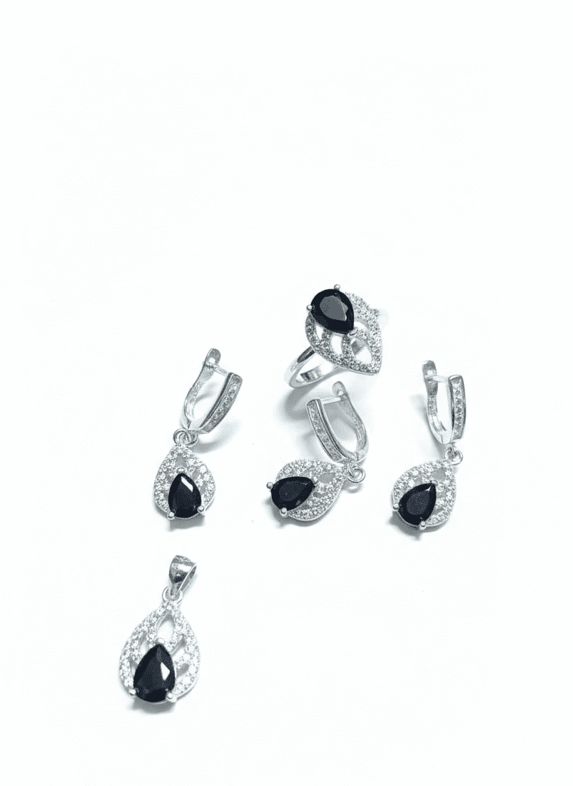 Black gemstone silver pendent set - IHSJ.pk