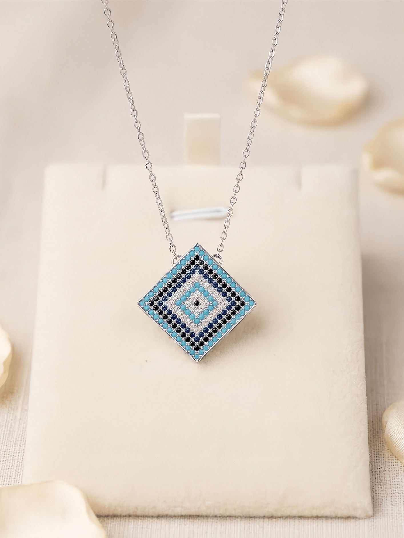 Elegant Square Nazar Charm Chain - Premium Turkish Style Protection Silver Jewelry - IHSJ.pk