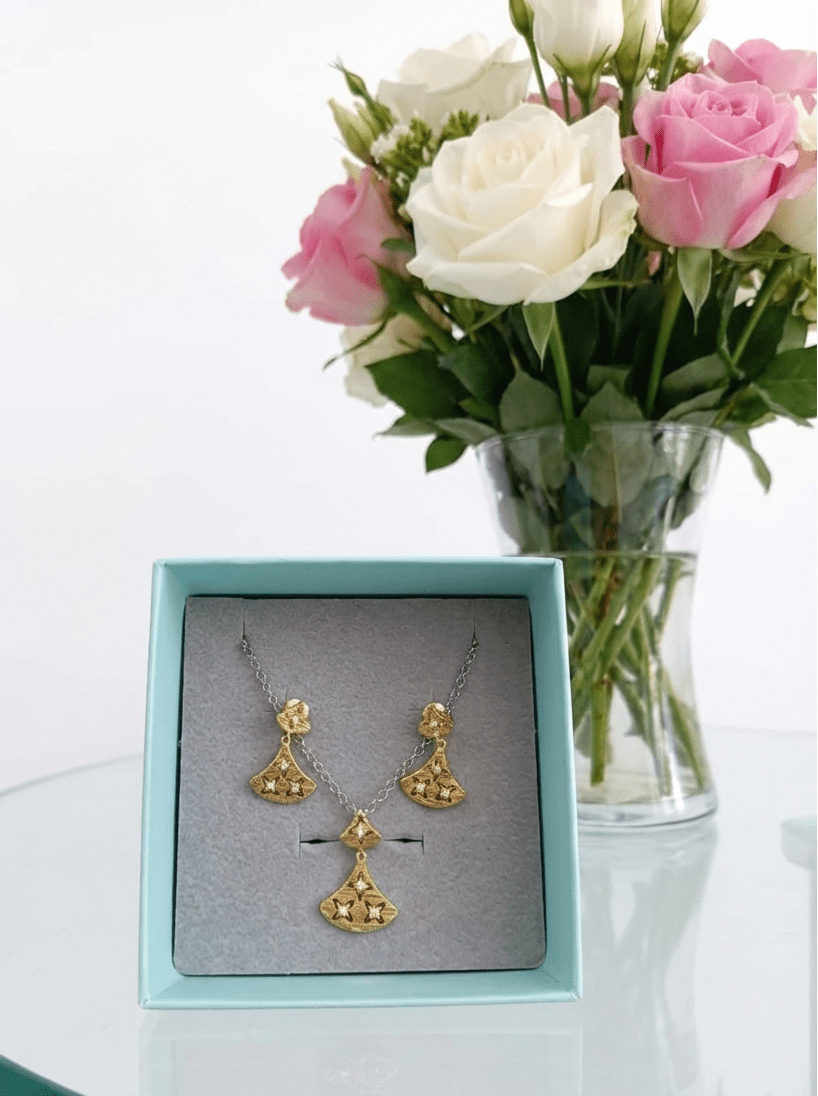 “Gold Plated Fan Design Necklace Set for Women – Party & Wedding Wear” - IHSJ.pk