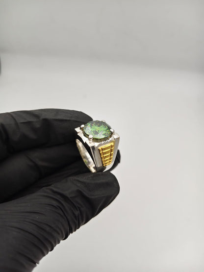 Handmade 925 Silver Moissanite Ring with Gold Laser Detailing | Certified Stone - IHSJ.pk