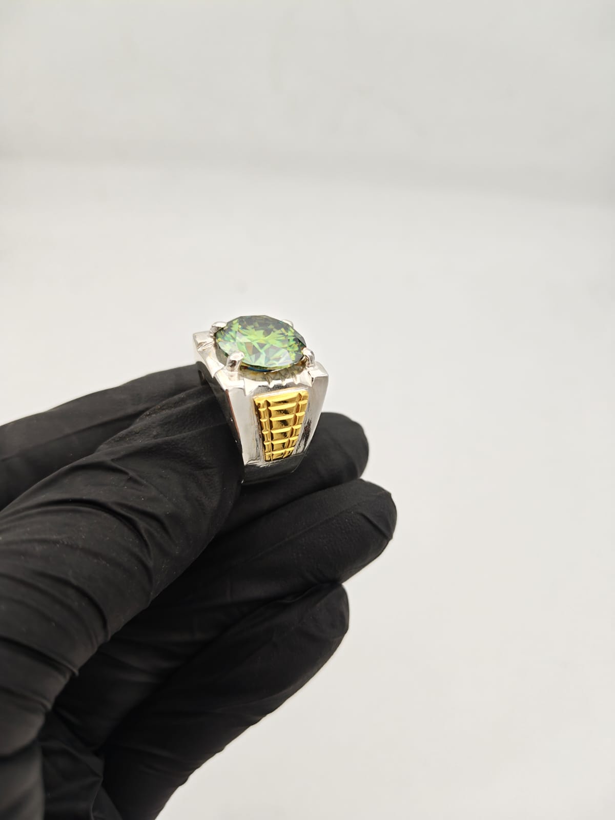 Handmade 925 Silver Moissanite Ring with Gold Laser Detailing | Certified Stone - IHSJ.pk