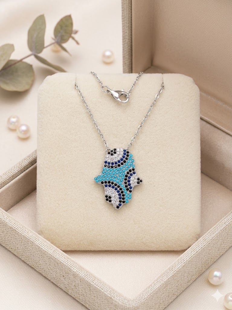 Luxury Hand of Fatima Charm Chain - 100% Authentic 925 Silver Turquoise Jewelry - IHSJ.pk