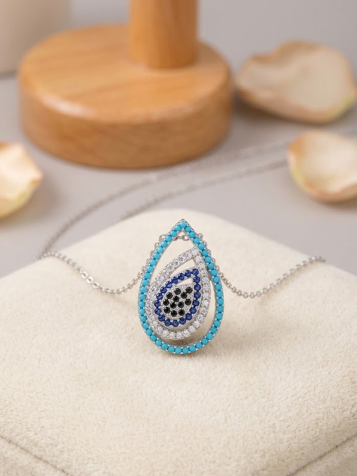 Luxury Waterdrop Nazar Charm Chain - 100% Authentic 925 Silver Turquoise Jewelry - IHSJ.pk