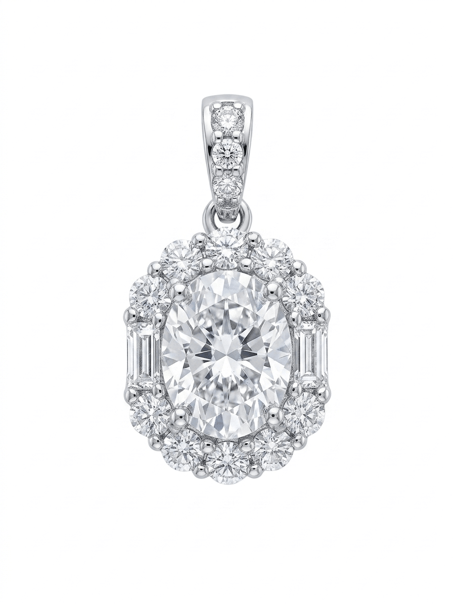 Oval Halo Baguette Pendant - 925 sterling silver pendant - IHSJ.pk