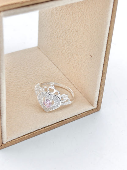 Pure 925 Silver Pink Heart Crown Ring – Latest Trending Design for Her - IHSJ.pk