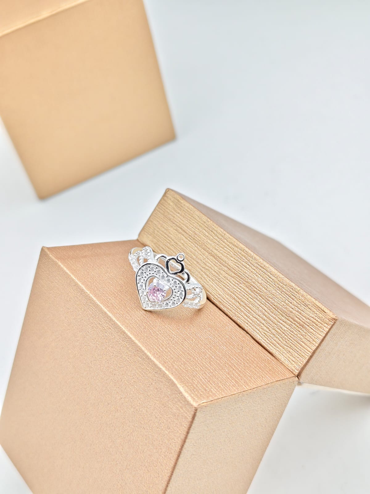 Pure 925 Silver Pink Heart Crown Ring – Latest Trending Design for Her - IHSJ.pk