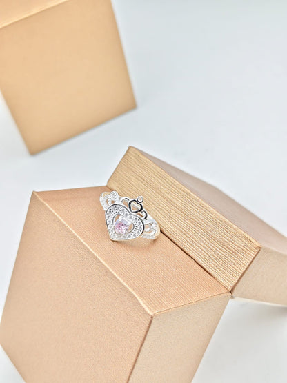 Pure 925 Silver Pink Heart Crown Ring – Latest Trending Design for Her - IHSJ.pk