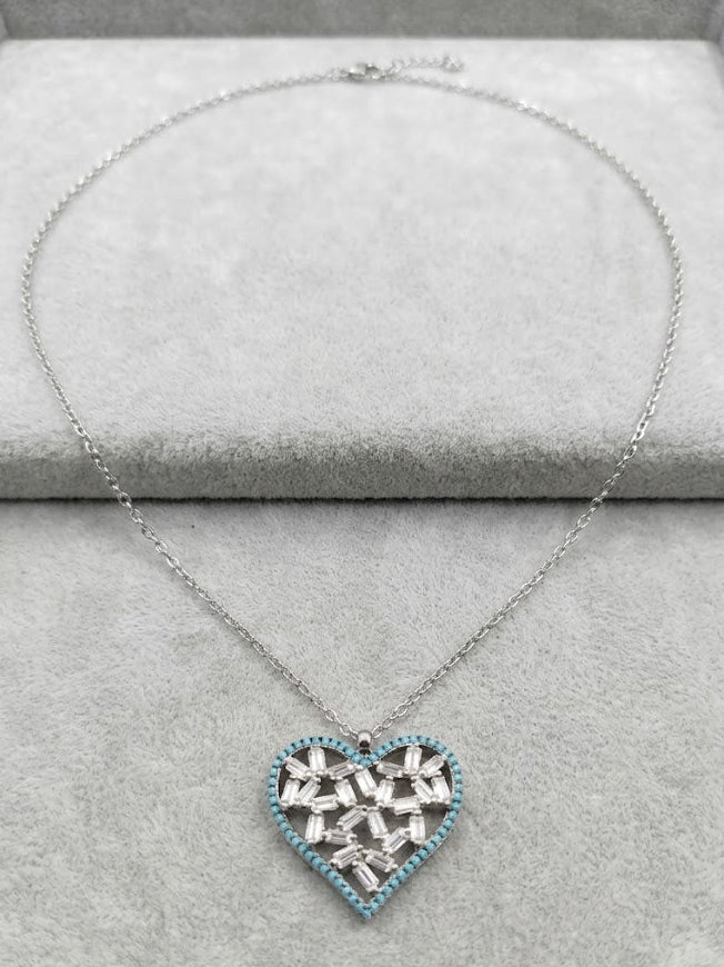 Pure 925 Sterling Silver Turquoise Border Heart Pendant Necklace for Women - IHSJ.pk