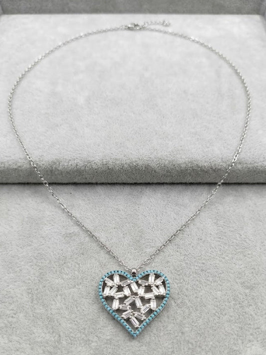 Pure 925 Sterling Silver Turquoise Border Heart Pendant Necklace for Women - IHSJ.pk