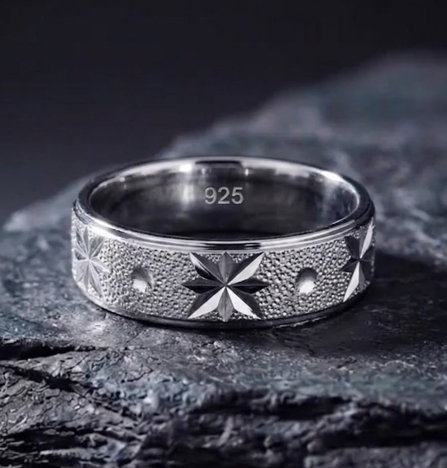Pure Chandi Star Design Ring for Men - 925 Sterling Silver Frosted Chala - IHSJ.pk