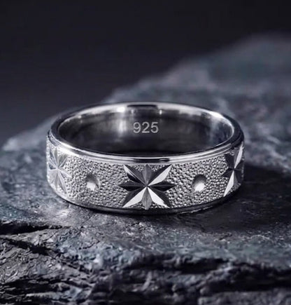 Pure Chandi Star Design Ring for Men - 925 Sterling Silver Frosted Chala - IHSJ.pk