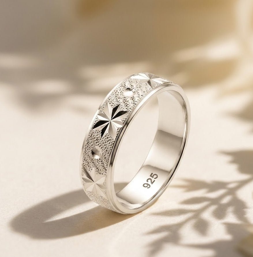 Pure Chandi Star Design Ring for Men - 925 Sterling Silver Frosted Chala - IHSJ.pk