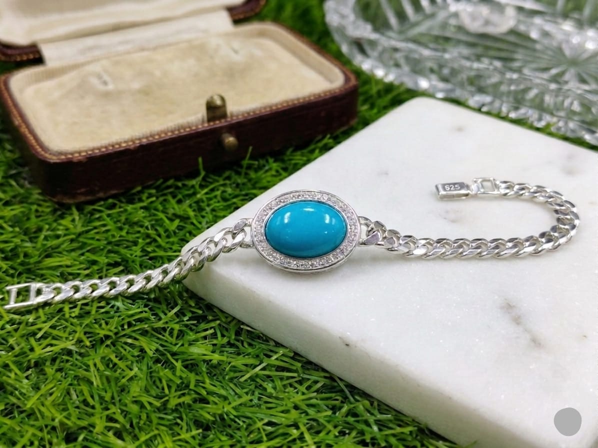 Silver Turquoise Bracelet for Men & Women – Feroza Stone Chain Bracelet | Premium Jewelry - IHSJ.pk