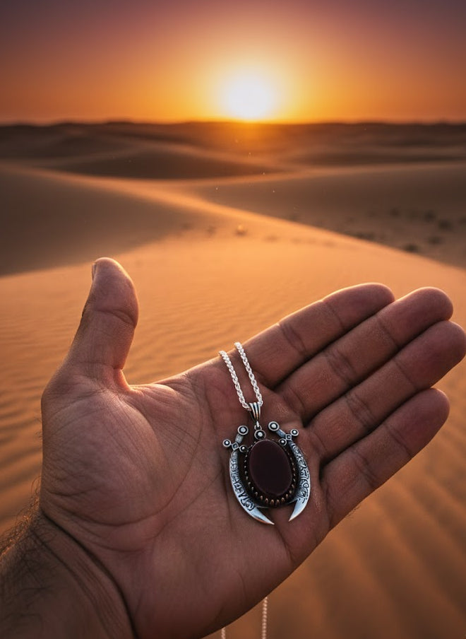 Hand holding a necklace with a pendant against a sunset desert backdrop